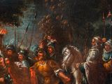 a painting of a man on a horse being led by a group of men