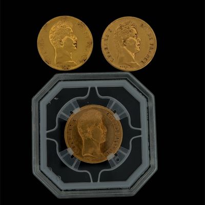 deux souverains d'or et une pièce de monnaie dans une vitrine