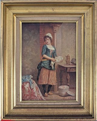 un vieux tableau représentant une femme en robe bleue tenant un bol