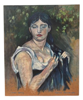 an oil painting of a woman in a white dress holding a black jacket