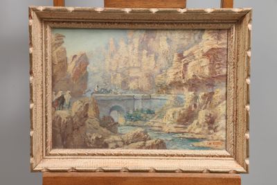 painting of a bridge over a river with a castle in the background