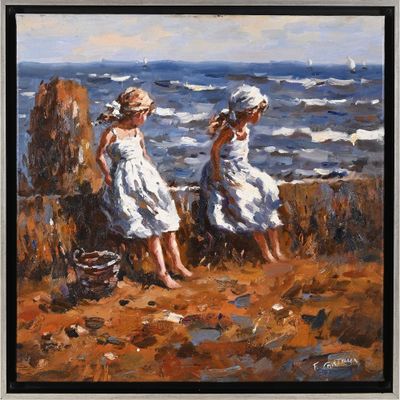un tableau représentant deux jeunes filles sur la plage, au bord de l'eau