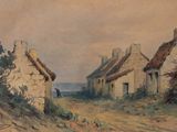 a picture of a painting of a village by the water
