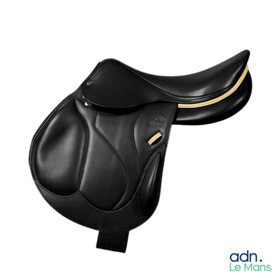 a close up of a black saddle on a white background