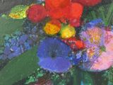 a painting of flowers in a glass vase on a table