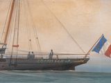a painting of a boat in the water with people on it