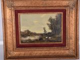 an oil painting of a landscape with cows grazing in a field