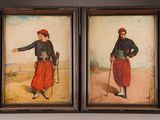 two paintings of a man and a woman in traditional clothing