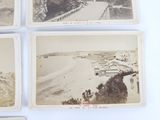 several old black and white photos of a beach and a bridge
