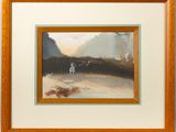 painting of a dog running in a field with a mountain in the background