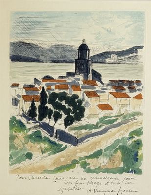 an image of a watercolor painting of a town by the water
