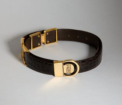 un gros plan sur un bracelet en cuir marron muni d'une boucle dorée
