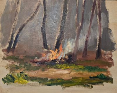 Louis MONTAIGU (1905-1988) Feu de camp dans un sous-bois