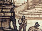 drawing of a horse drawn carriage with a man and a woman sitting on it