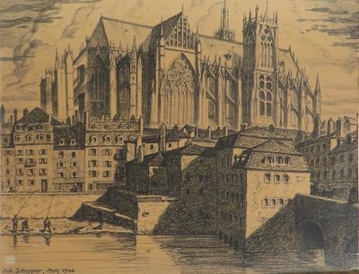 dessin représentant une cathédrale avec un bateau sur l'eau