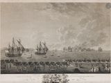 une vieille photo représentant un grand groupe de navires sur un plan d'eau