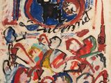 une image représentant un tableau sur un fond blanc, avec des couleurs rouges, bleues et vertes