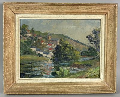 an image of a painting of a river with houses in the background