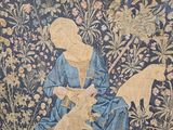 a picture of a tapestry with a woman and a dog