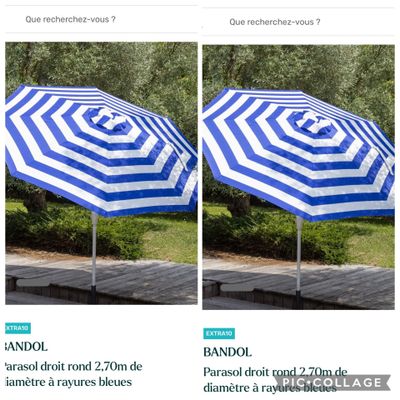 deux photos d'un parapluie bleu et blanc dans la rue