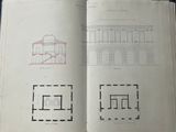 an open book with drawings of a building and a staircase