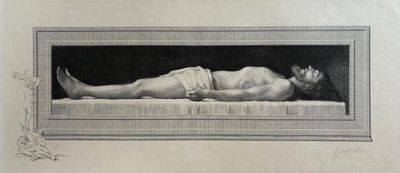 drawing of a man laying on a couch with his head in his hands