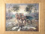 a painting of two horses pulling a wagon in the rain