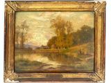an oil painting of a river scene with a house and trees