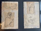 two pages of sketches of a woman in a hat and a man in a robe