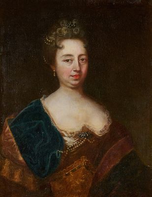 un tableau représentant une femme vêtue d'une robe bleue et dorée