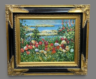painting of a field of flowers with a view of the ocean