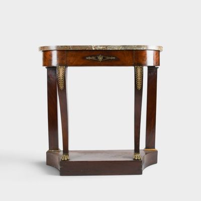 a small table with a marble top on a white background