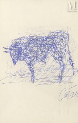 dessin d'une vache sur une feuille de papier, réalisé au feutre bleu