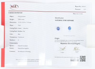 certificat attestant de l'authenticité d'un saphir bleu, accompagné d'un certificat attestant de l'authenticité d'un saphir bleu