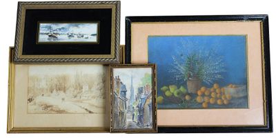 Suite de 3 PIECES encadrées dont aquarelle "Vue de la cathéd…