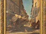 une peinture à l'huile représentant une scène de rue avec un chien au premier plan
