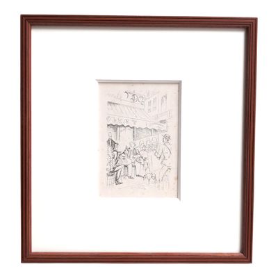 drawing of a street scene in a frame with a man sitting on a bench