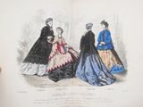 an open book with a drawing of a woman in a blue dress and three other women in black dresses