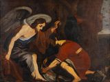 an image of a painting of a man kneeling down next to an angel