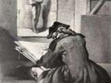 an old drawing of a man sitting in front of a painting