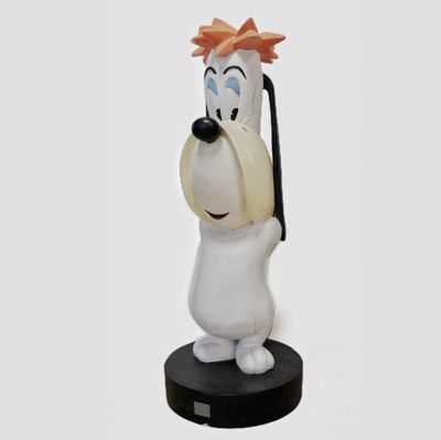 the statue of a dog is holding a baseball bat on a white surface