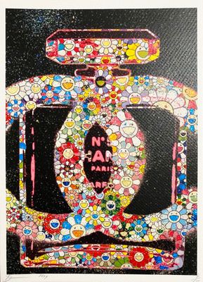 une peinture représentant un flacon Chanel orné de pois colorés