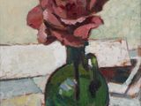 a painting of a pink rose in a green vase on a table