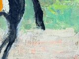 a painting of a man riding a horse with a hat on