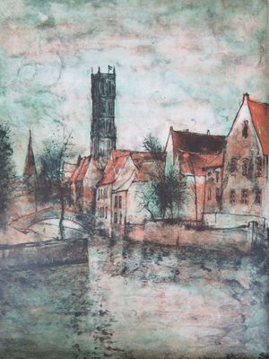 tableau représentant une ville avec une église en arrière-plan