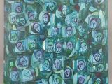 une peinture abstraite représentant un groupe de personnes sur fond vert