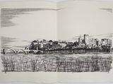 drawing of a view of a city with a bridge over a river