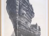 an old photo of a ship under construction in a wooden frame