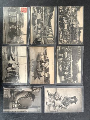 several old black and white photographs of a man riding a horse