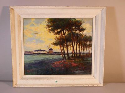 an oil painting of a landscape with trees and a house in the distance